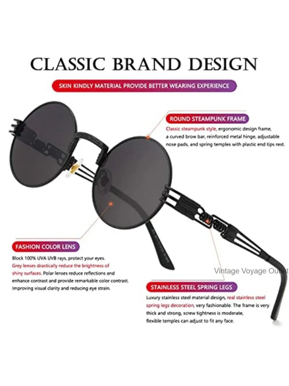 Round Steampunk Sunglasses Metal Frame Polarized UV Blocking Unisex Retro